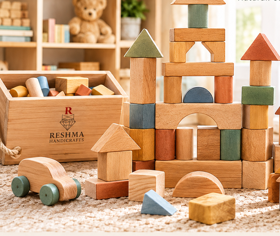 Solid wood building blocks castle with storage crate and pull-along wooden car, manufactured by Reshma Handicrafts