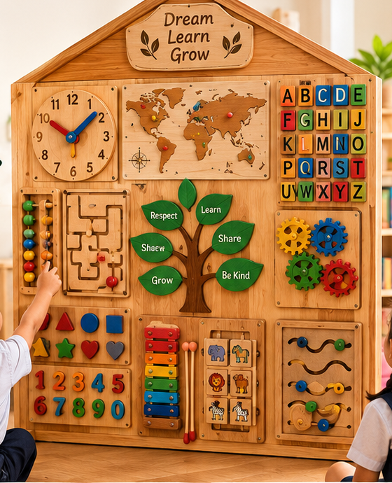 Grow & Learn wooden interactive activity wall with clock, world map, alphabet tiles, gears, bead maze, xylophone and shape sorter