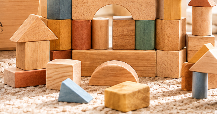 Natural and coloured solid wood building blocks from the Saharanpur workshop
